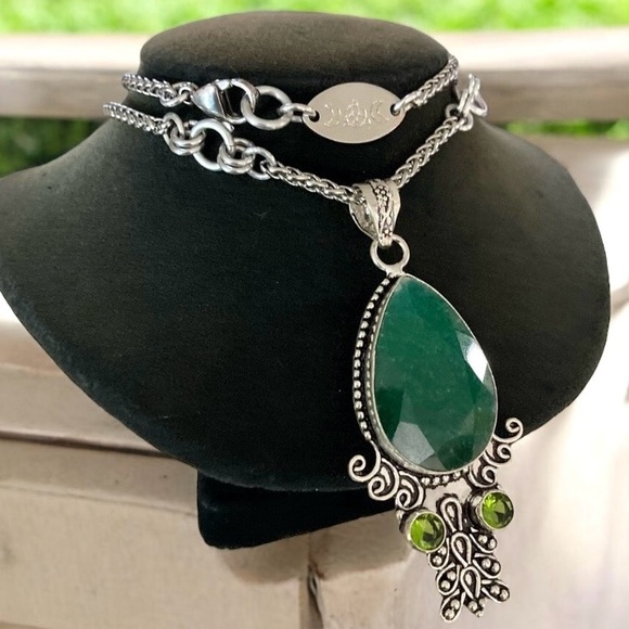 925 sterling silver overlay green emerald & peridot stones boho silver necklace - Picture 5 of 13
